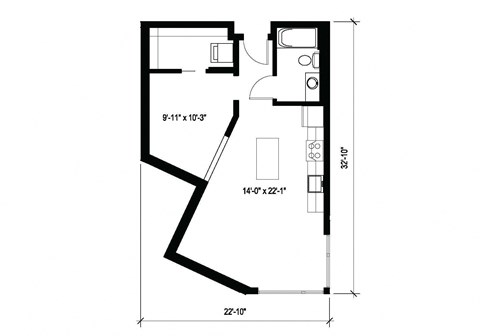 Floor plan for studio, 1 bath, 616 sqft
